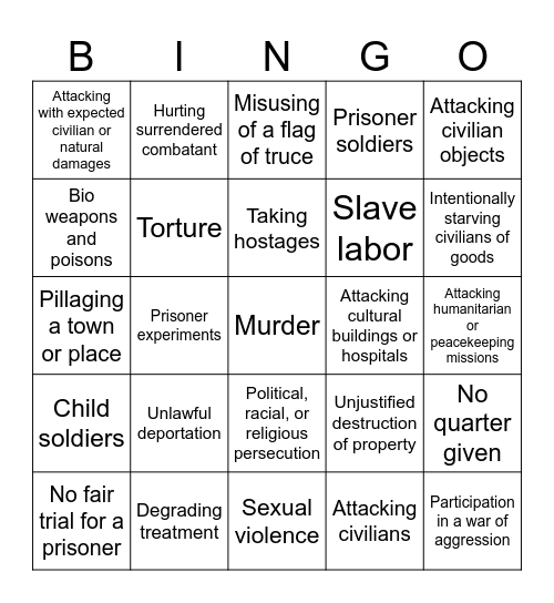 War Crimes Bingo Card