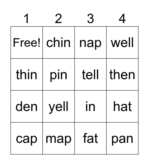 3 Front Short Vowel Sounds Bingo Card