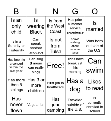 New Hire Bingo Card