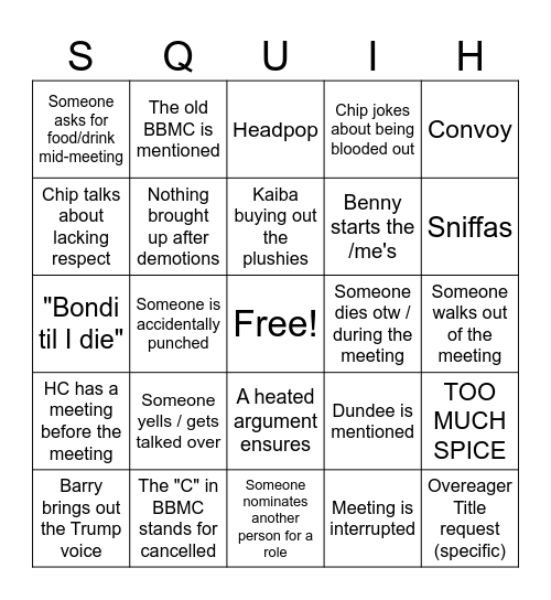 The Squiiiiish Bingo Card