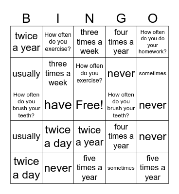 Unit 2 :Adverbs of Frequency Bingo Card