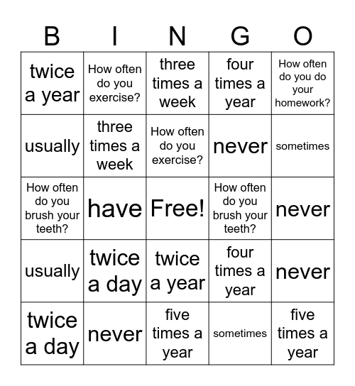Unit 2 :Adverbs of Frequency Bingo Card