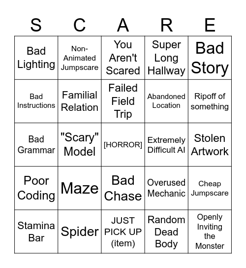 Crappy Horror Game Bingo Card