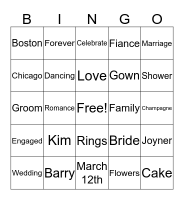 Kim's Shower Bingo Card