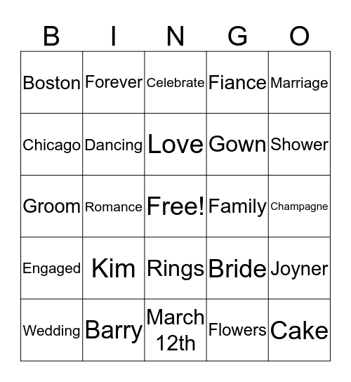 Kim's Shower Bingo Card