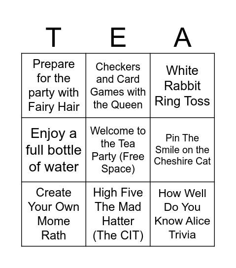 Down the Rabbit Hole Tea Party Bingo Card