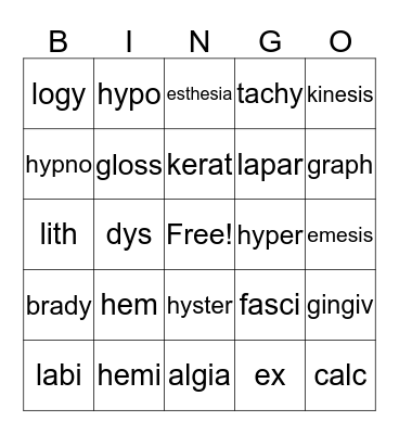 Medical Terminology Bingo Card