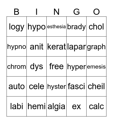 Medical Terminology Bingo Card