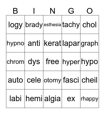 Medical Terminology Bingo Card