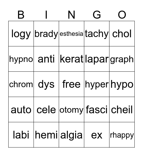 Medical Terminology Bingo Card