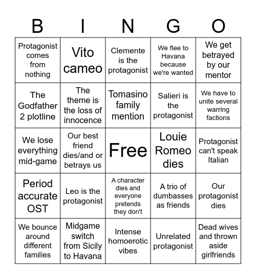 Mafia 4 Bingo Card