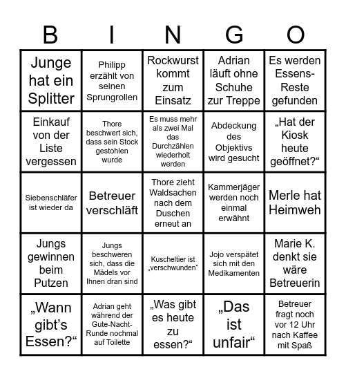 Ferienlager Bingo ´23 Bingo Card