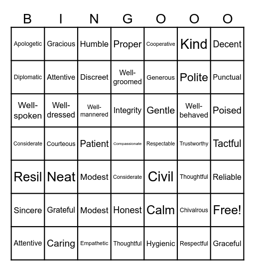 Etiquette and Manners Bingo Card