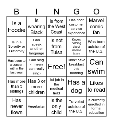 New Hire Bingo Card