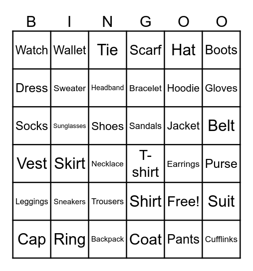 Clothing and Accessories Bingo Card