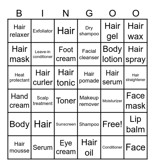 Hair & Skin Care Bingo Card