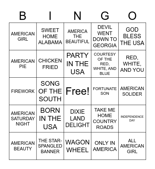 4TH OF JULY MUSIC BINGO Card