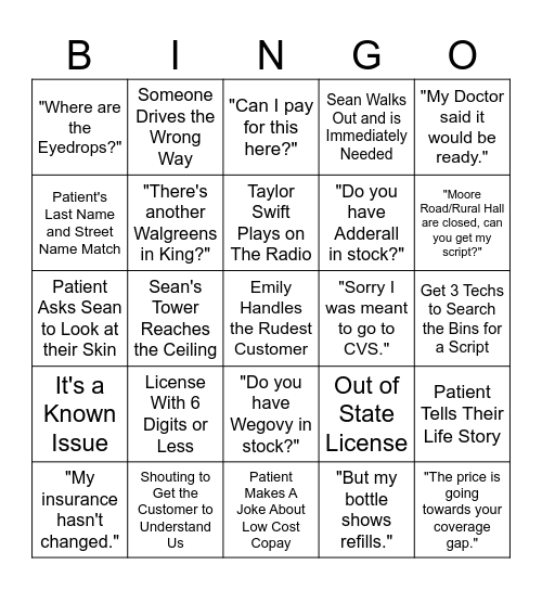 Pharmacy Bingo Card