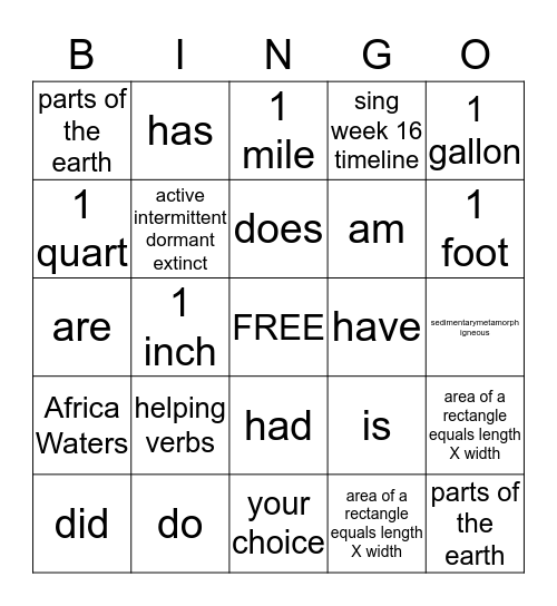 CC Weeks 14-16 Bingo Card
