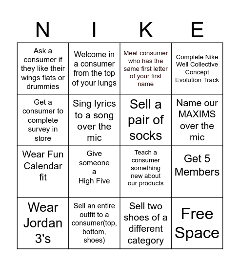 NIKE Bingo Card