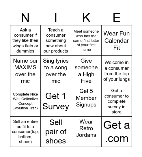 NIKE Bingo Card