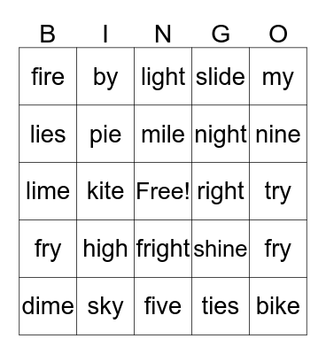 Long I vowel words Bingo Card