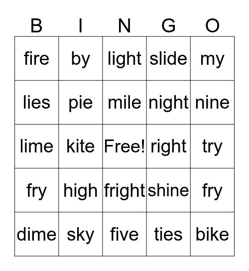 Long I vowel words Bingo Card