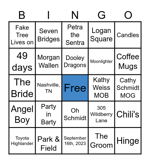 Weiss/Schmidt Bridal Bingo Card