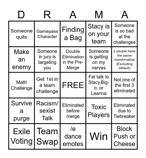 Roblox Total Drama Bingo Card