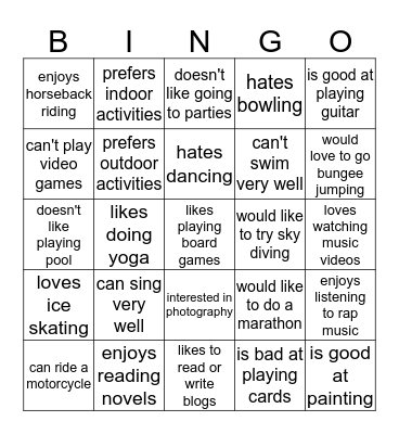 Interests & Hobbies Bingo Card