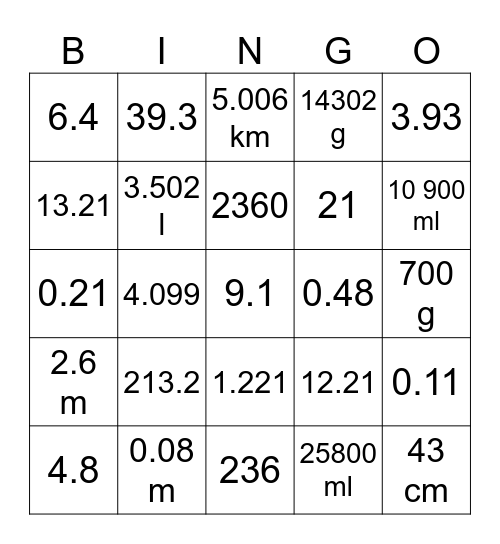 Decimals Bingo Card