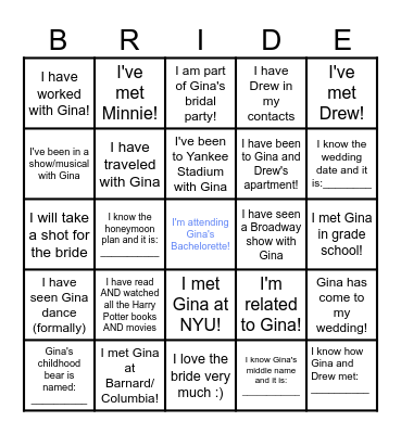 Gina's Bachelorette Bingo!!! Bingo Card