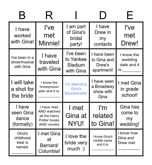 Gina's Bachelorette Bingo!!! Bingo Card