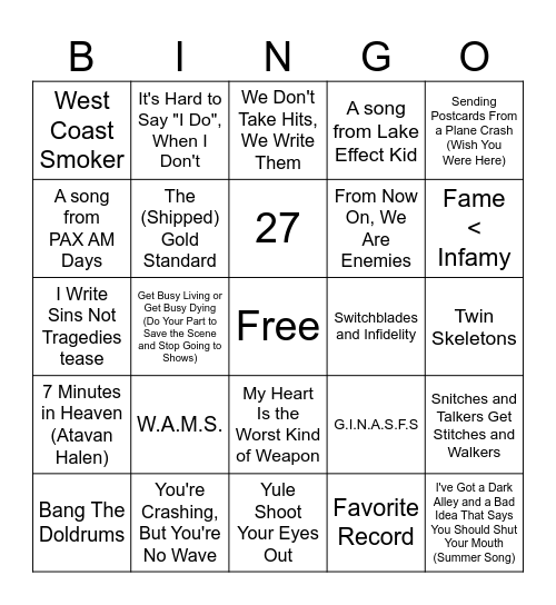 Fall Out Boy Tour Surprises Bingo Card