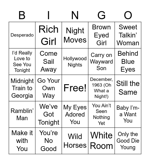 60's & 70's Bingo Card