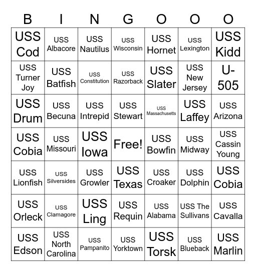 US museum ships that you have visited Bingo Card