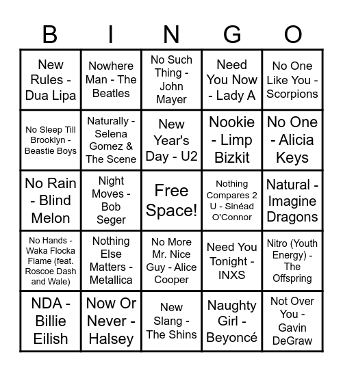 Songs That Start With The Letter "N" (Double Bingo) Bingo Card