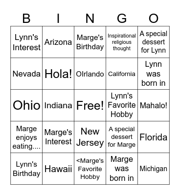Lynn and Marge's Birthdays Bingo Card