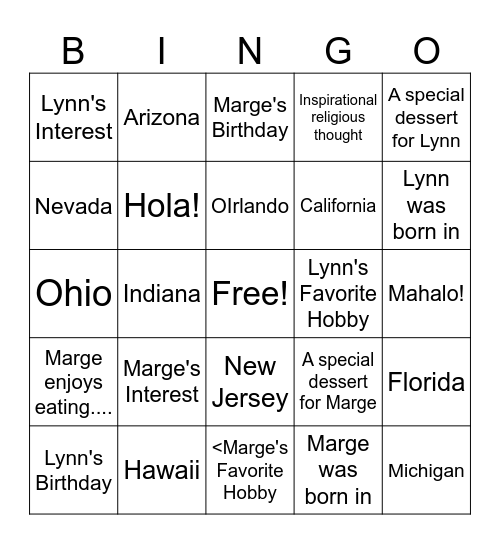Lynn and Marge's Birthdays Bingo Card