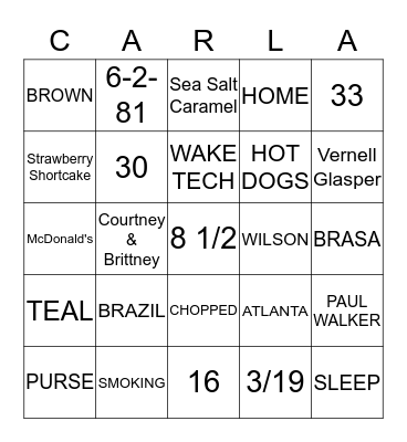 CARLA'S BRIDAL SHOWER Bingo Card