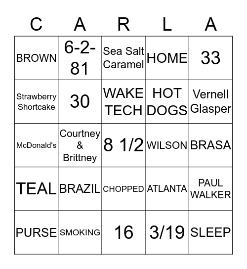CARLA'S BRIDAL SHOWER Bingo Card