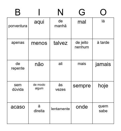 Advérbios e locuções adverbiais Bingo Card