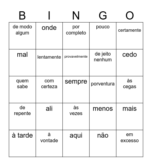 Advérbios e locuções adverbiais Bingo Card