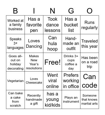 Get to know your team BINGO!! Bingo Card