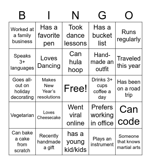 Get to know your team BINGO!! Bingo Card
