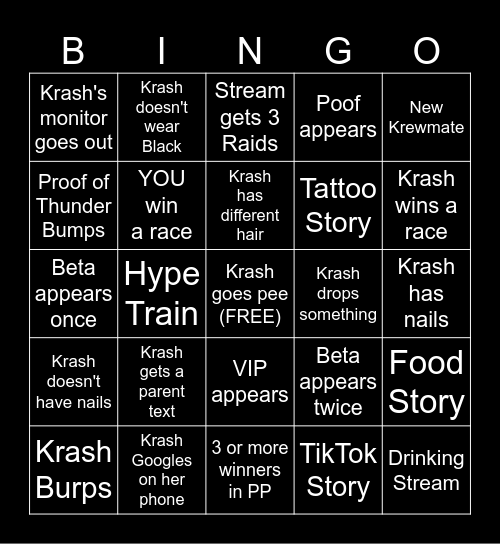 Krash's Stream Bingo Card