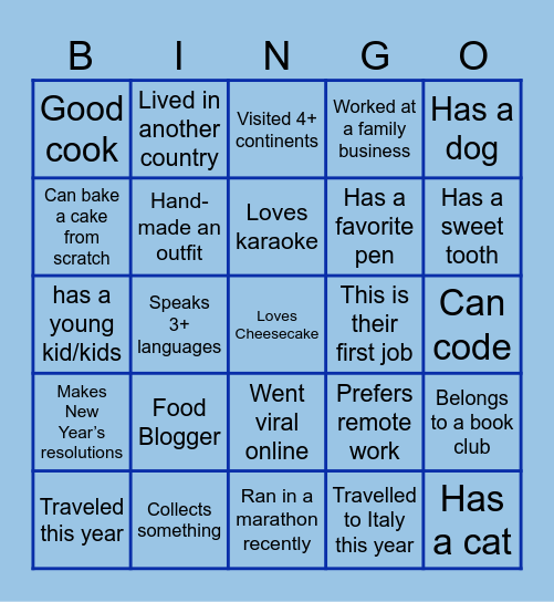 Get to know your team mates! Bingo Card