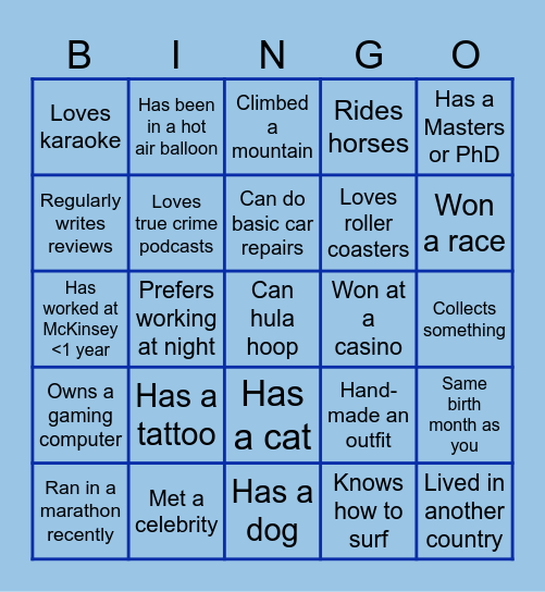Get to know your team mates! Bingo Card