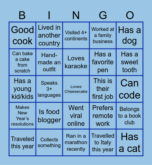 Get to know your team mates! Bingo Card