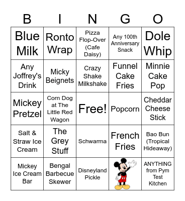 Disneyland Snack Bingo Card